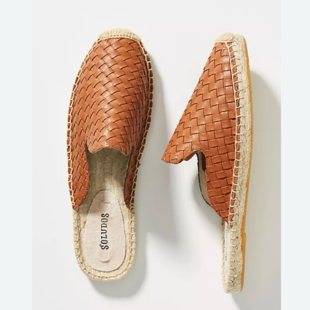 Soludos Sofia Woven Leather Slide Espadrille Mules Size 5.5 Cognac brown tan